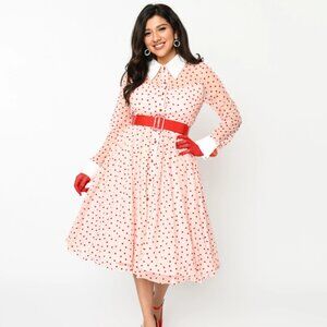Unique Vintage Pink & Red Flocked Hearts Tulle Swing Dress